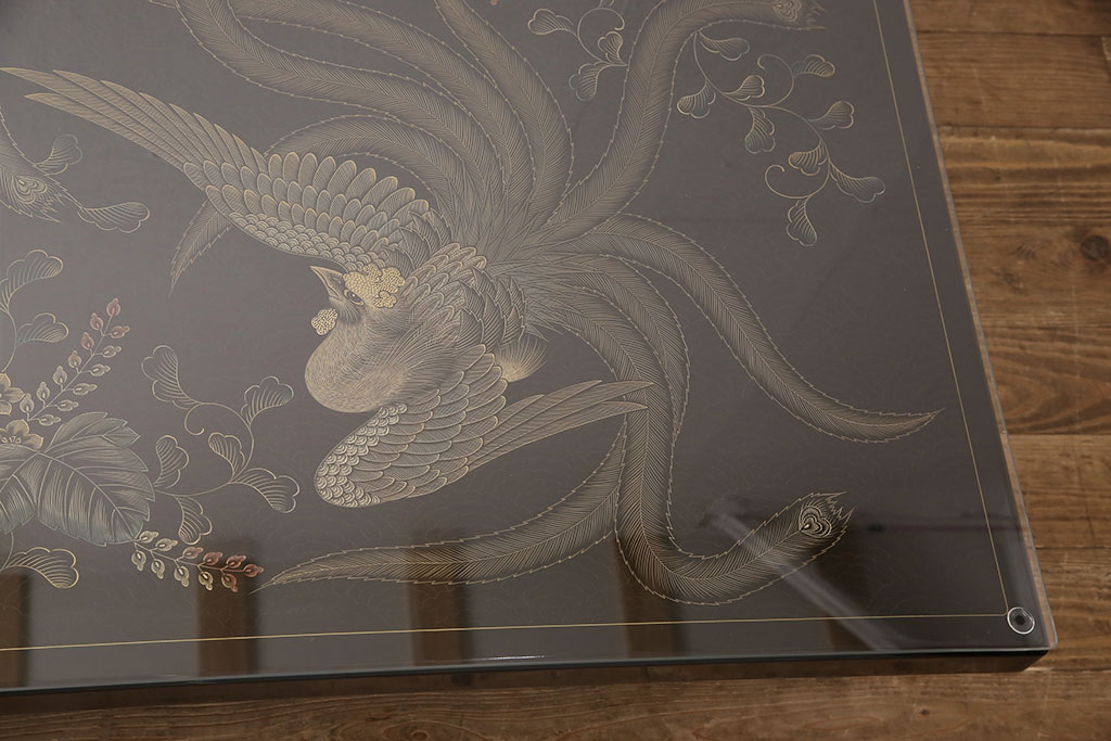 中古　輪島塗　ガラス天板付き　天板前面に描かれた鳳凰のデザインが美しい座卓(ローテーブル、センターテーブル)(R-053278)