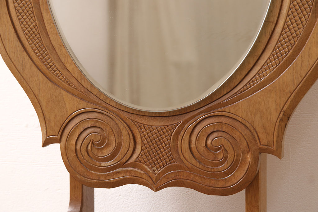 和製ビンテージ　希少　アイヌ彫り　繊細な彫りの意匠が目を引く鏡台(ミラー、ヴィンテージ)(R-053348)
