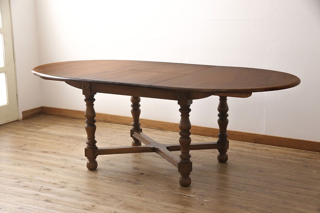 イギリスビンテージ　美品　ERCOL(アーコール)　ニレ材　クラシカルな雰囲気漂うドローリーフテーブル(エクステンションテーブル、ダイニングテーブル、ヴィンテージ)(R-053490)