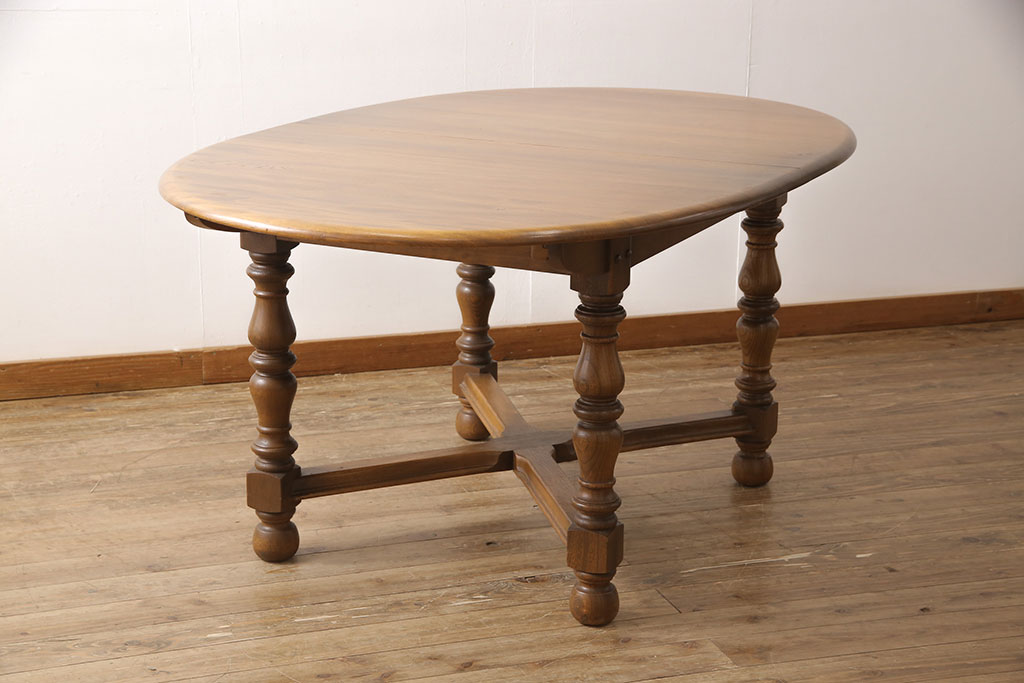 イギリスビンテージ　美品　ERCOL(アーコール)　ニレ材　クラシカルな雰囲気漂うドローリーフテーブル(エクステンションテーブル、ダイニングテーブル、ヴィンテージ)(R-053490)