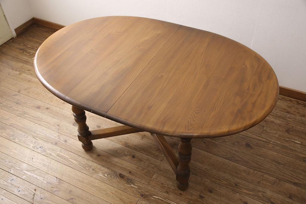 イギリスビンテージ　美品　ERCOL(アーコール)　ニレ材　クラシカルな雰囲気漂うドローリーフテーブル(エクステンションテーブル、ダイニングテーブル、ヴィンテージ)(R-053490)