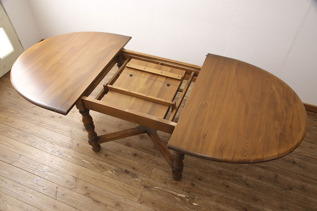イギリスビンテージ　美品　ERCOL(アーコール)　ニレ材　クラシカルな雰囲気漂うドローリーフテーブル(エクステンションテーブル、ダイニングテーブル、ヴィンテージ)(R-053490)