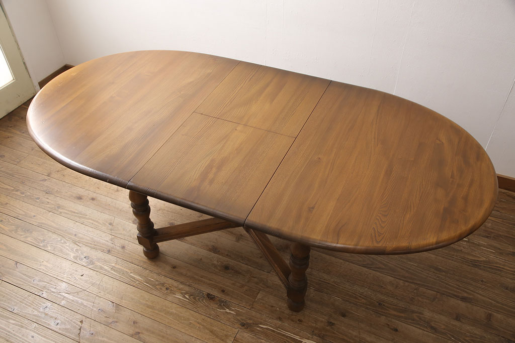 イギリスビンテージ　美品　ERCOL(アーコール)　ニレ材　クラシカルな雰囲気漂うドローリーフテーブル(エクステンションテーブル、ダイニングテーブル、ヴィンテージ)(R-053490)