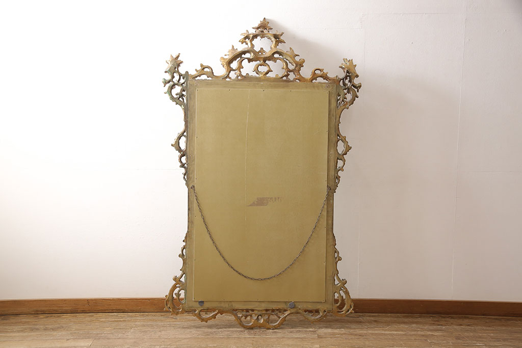 中古　極美品　イタリア超高級輸入家具　ロココ様式　大振りなサイズとゴールドの彫刻(木彫り)が存在感抜群なウォールミラー(定価約100万円)(壁掛け鏡、姿見)(R-053498)